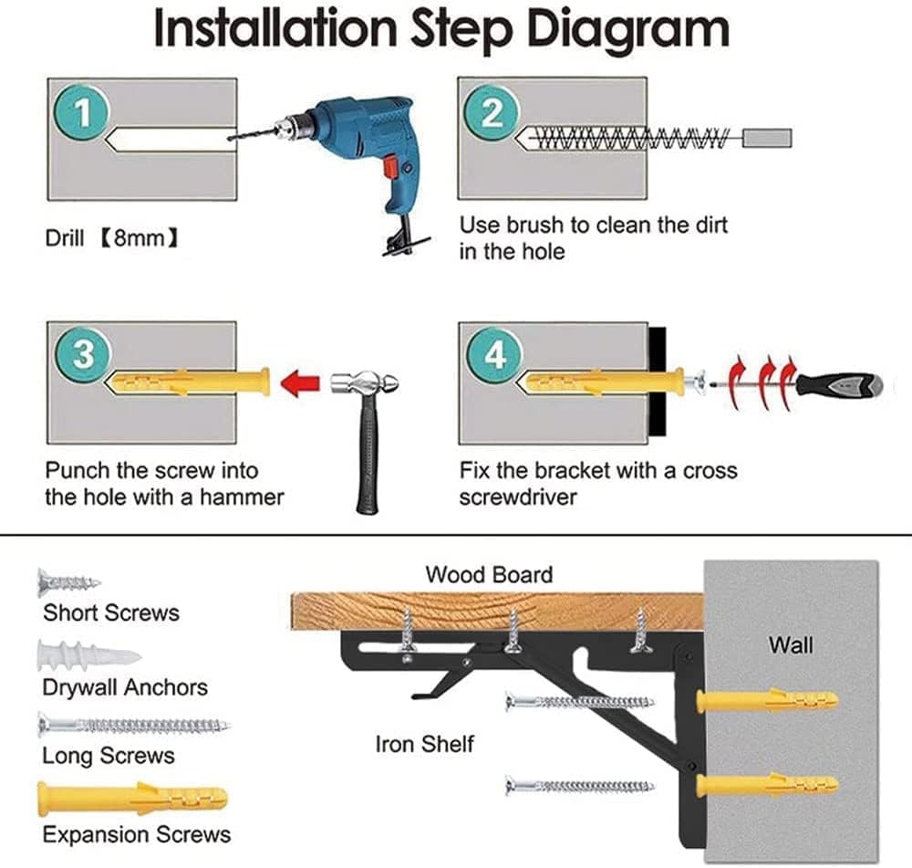 Folding Shelf Brackets - Heavy Duty Metal Collapsible Shelf Bracket for Bench Table, Shelf Hinge Wall Mounted Space Saving DIY Bracket, Max Load: 150 lb 2 PCS (8 Inch)