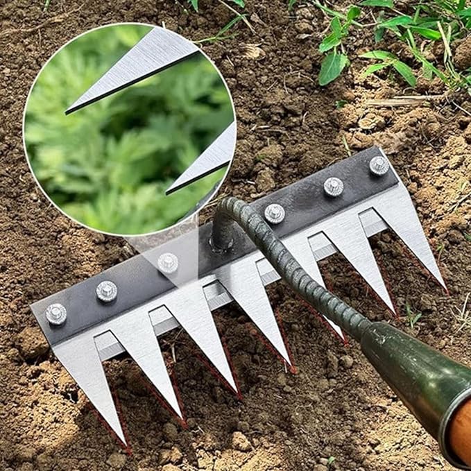 Heavy-Duty Steel Weeding Rake™ – Multi-Tooth Root Puller & Soil Cleaner Attachment for Fast Weed Removal